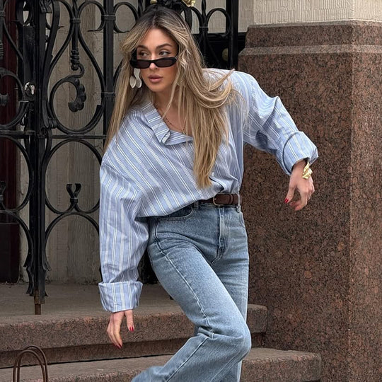 Damen lässige Oversize-Hembluse mit Streifen EB