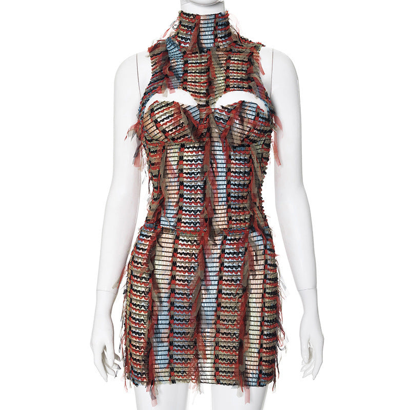 Damen Dekoratives Wickelkleid mit fransigen Details und hohem Kragen EB