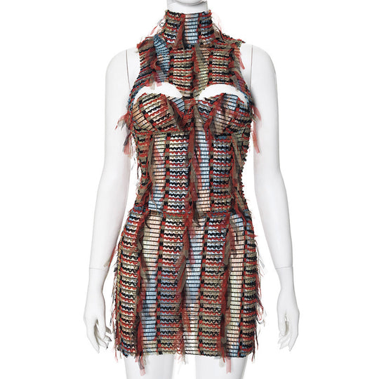 Damen Dekoratives Wickelkleid mit fransigen Details und hohem Kragen EB