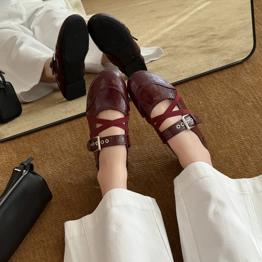 Damen Elegante Ballerinas mit doppeltem Riemen und hochwertiger Lederoberfläche EB