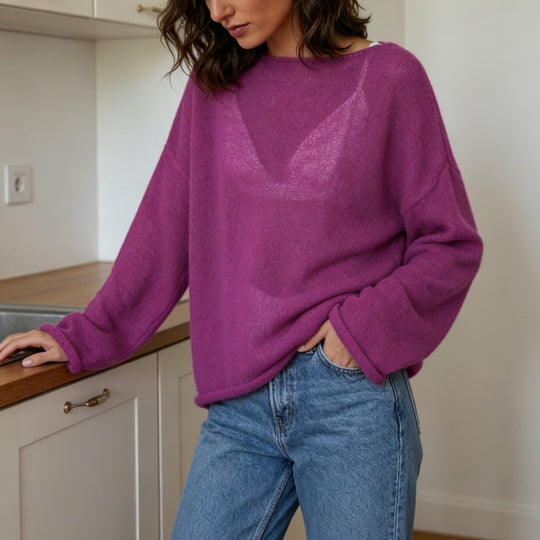Damen luftiger Oversize-Feinstrickpullover mit weitem Arm und Rundhalsausschnitt EB