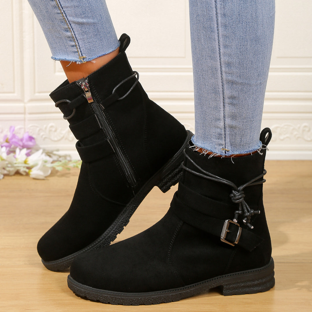 Damen nan gefütterte Ankle-Boots mit Wickelriemen, dekorativer Metallschnalle und rutschfester Profilsohle EB