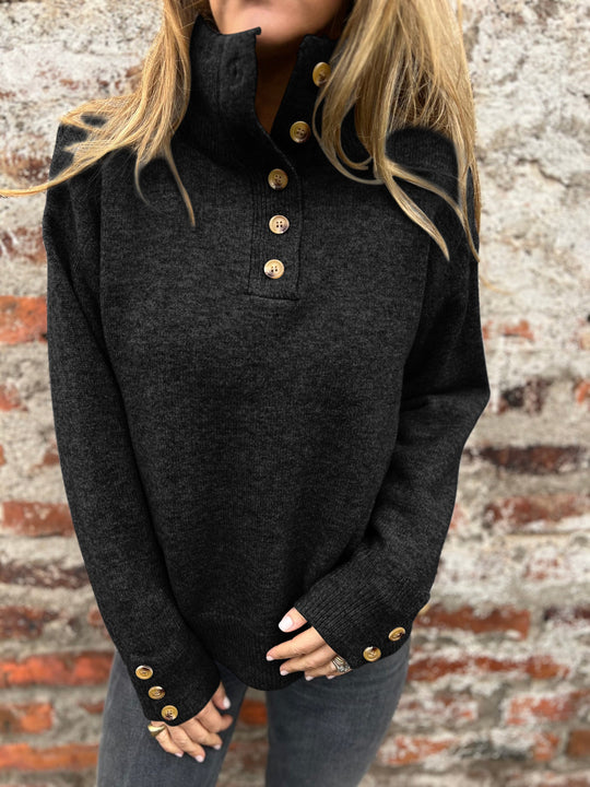Damen modischer Strickpullover mit Knopfdetails und hohem Kragen EB