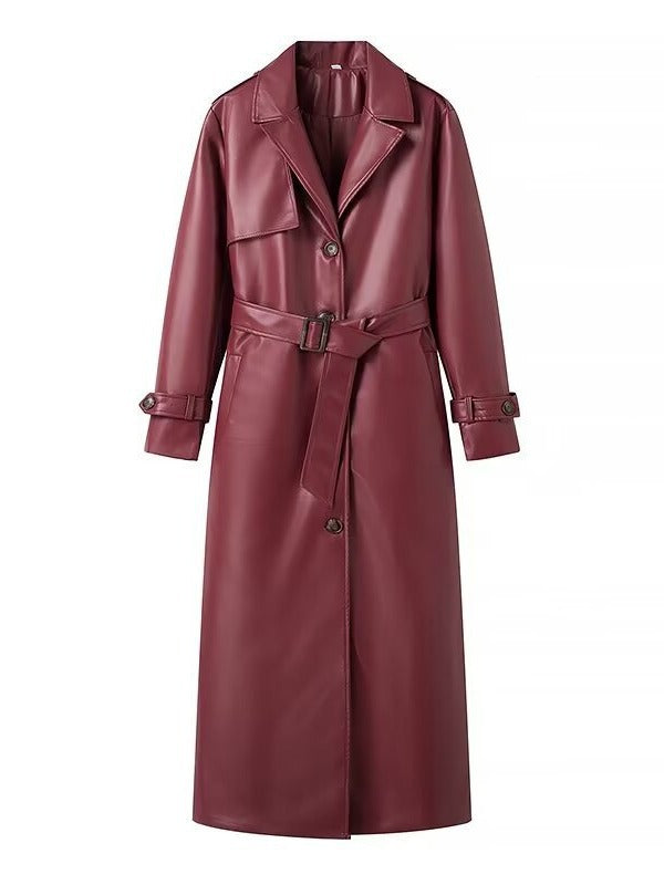 Damen Kunstleder-Trenchcoat mit taillierbarem Gürtel und schickem Kragen EB