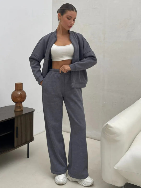 Damen Zweiteiliges Loungewear-Set mit kurzem Bomber-Zip und weiter hochgeschnittener Jogginghose EB