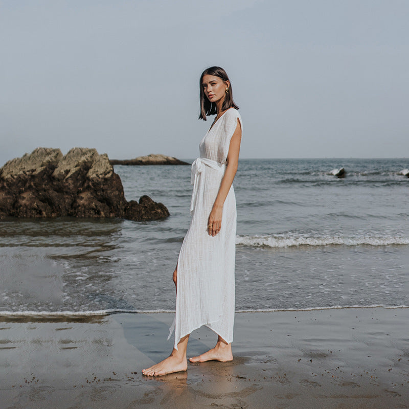 Damen luftiges Strandkleid mit Bindegürtel EB