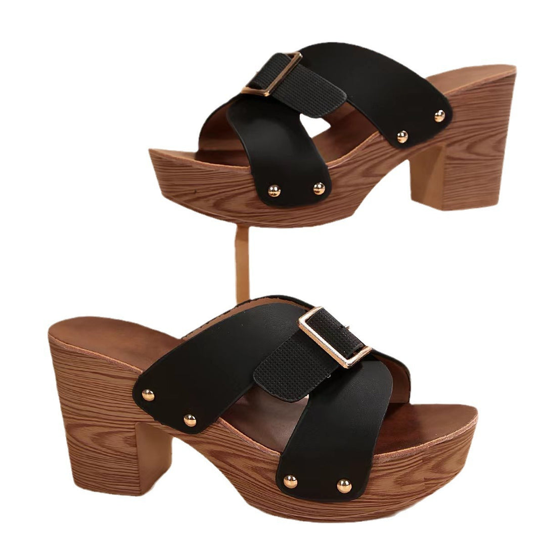 Damen Plattform-Sandalen mit trendigem Holz-Design und breitem Riemen EB