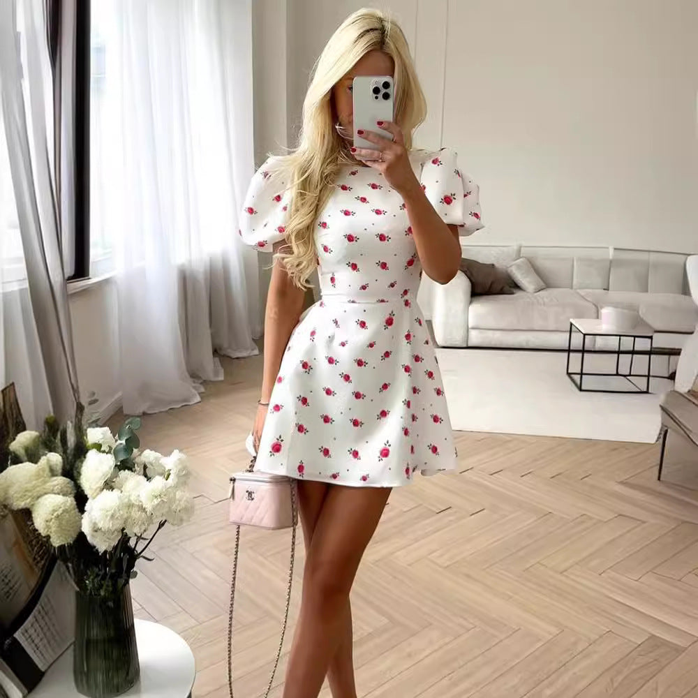Damen Minikleid mit Puffärmeln und floralem Muster EB