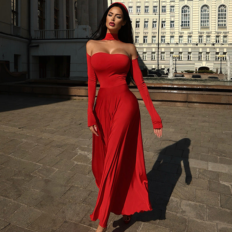 Damen Off-Shoulder Maxikleid mit langen Ärmeln und elegantem Schnitt EB