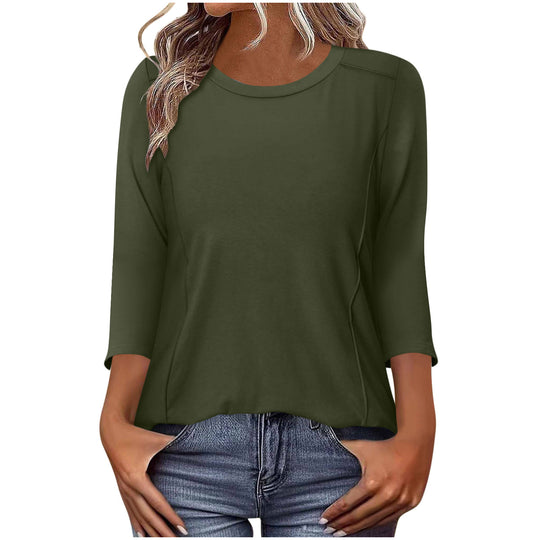 Damen nan lässiges Rundhals Shirt mit mittellangen Ärmeln und sichtbaren Nahtakzenten EB
