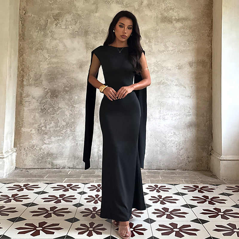 Damen elegantes Maxikleid mit raffinierten Ärmeldetails und fließender Silhouette EB