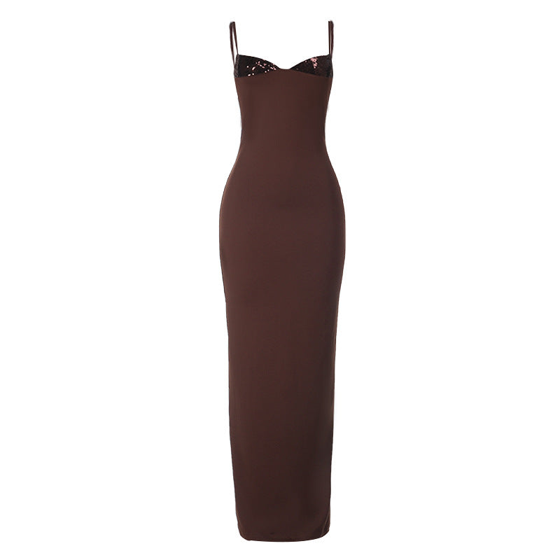 Damen elegantes Bodenkleid mit schimmernden Akzenten EB
