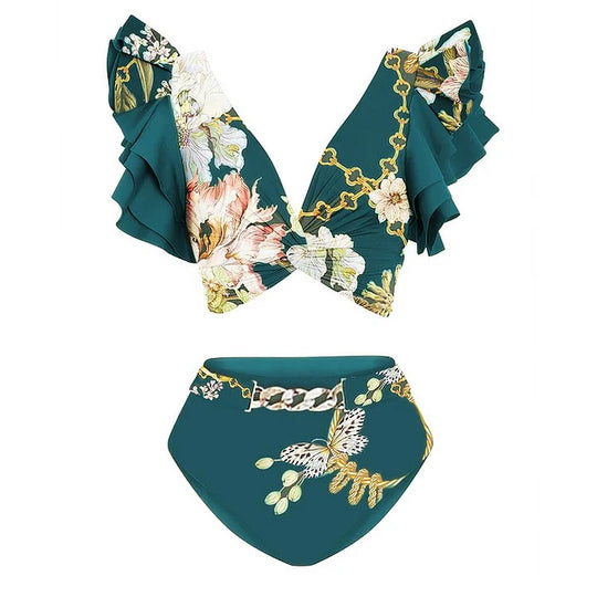 Damen Bikiniset mit voluminösen Ärmeln und elegantem Wickelrock EB