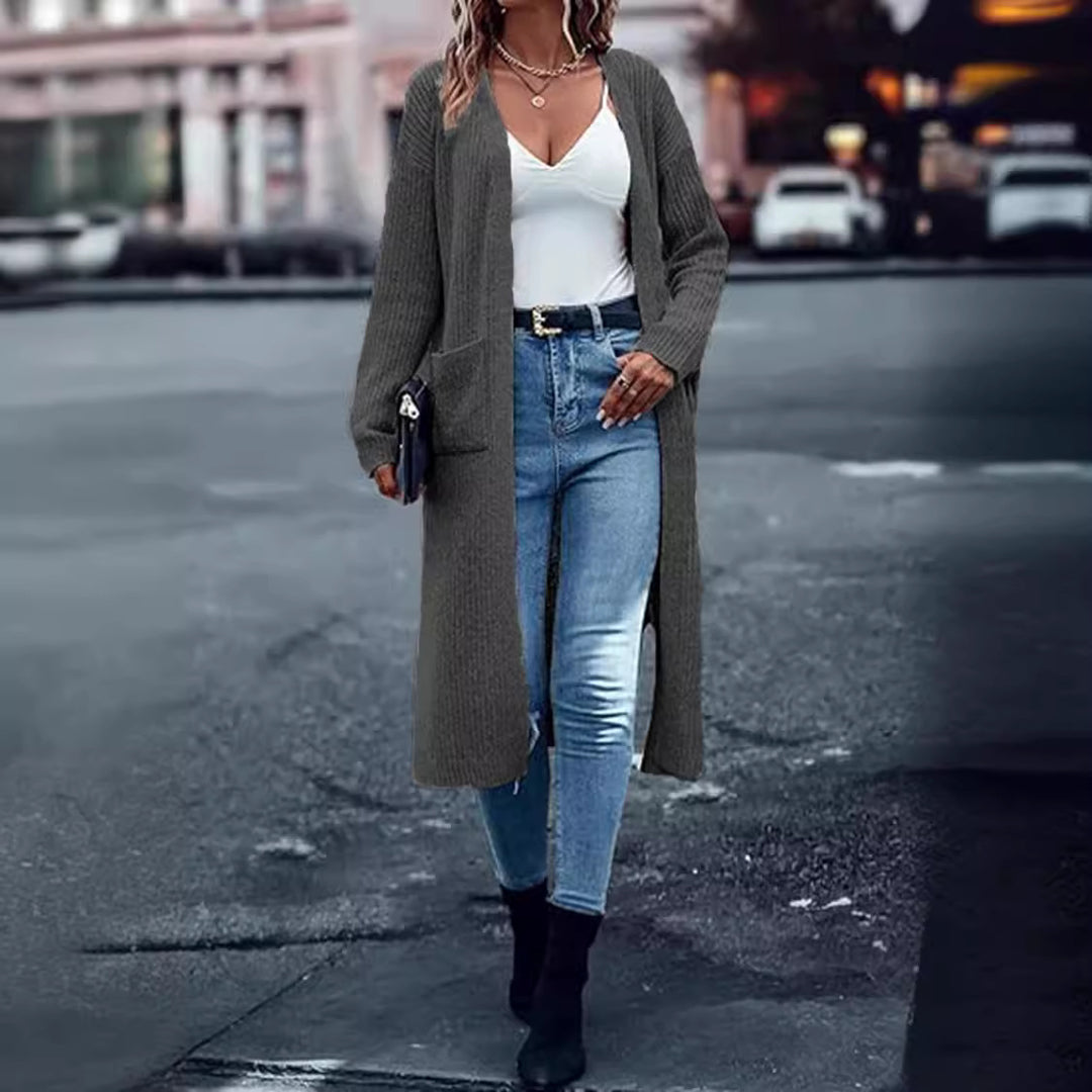 Damen Langer Strickmantel mit strukturiertem Design und praktischen Taschen EB