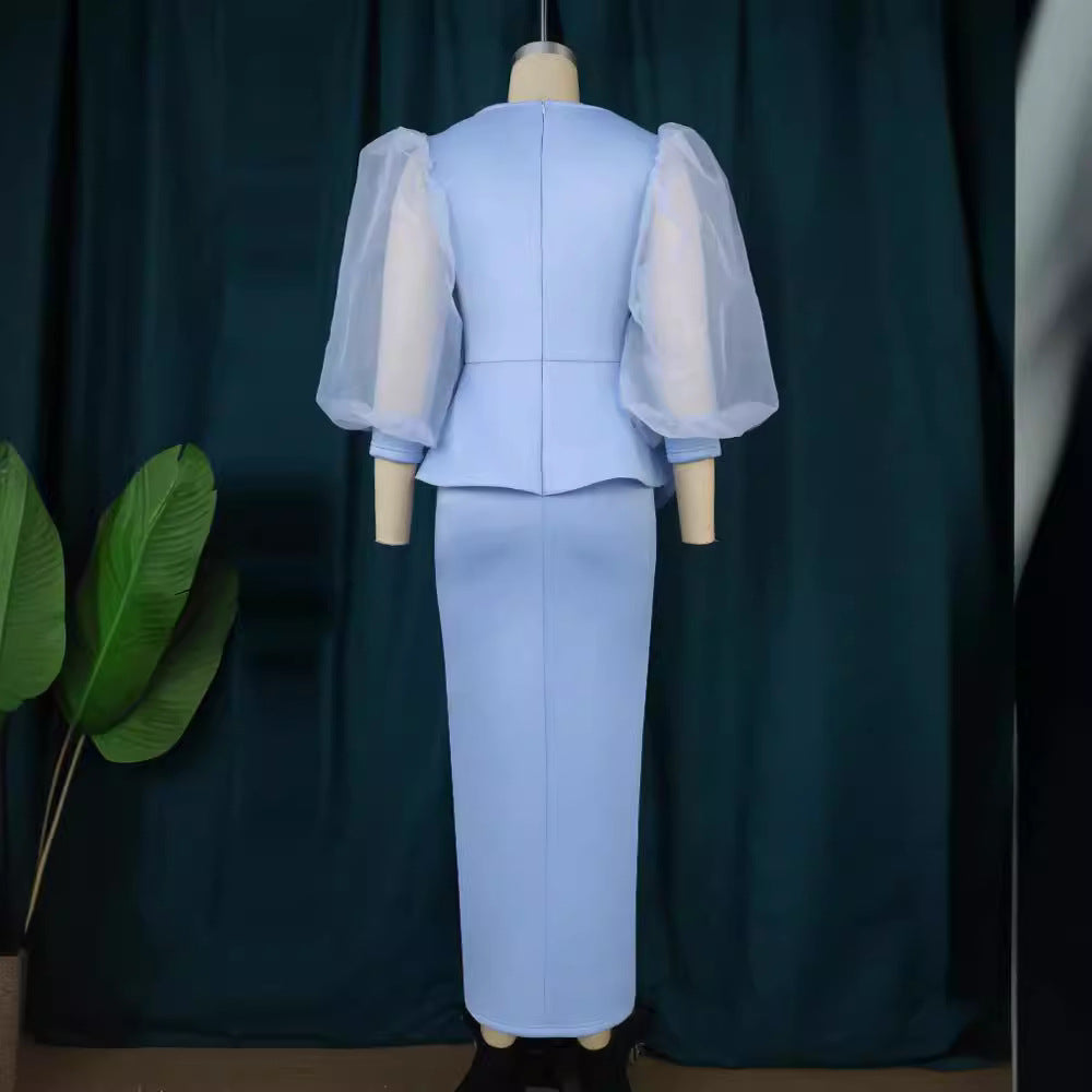 Damen Elegantes Abendkleid mit funkelnden Perlen und voluminösen Tüllärmeln EB