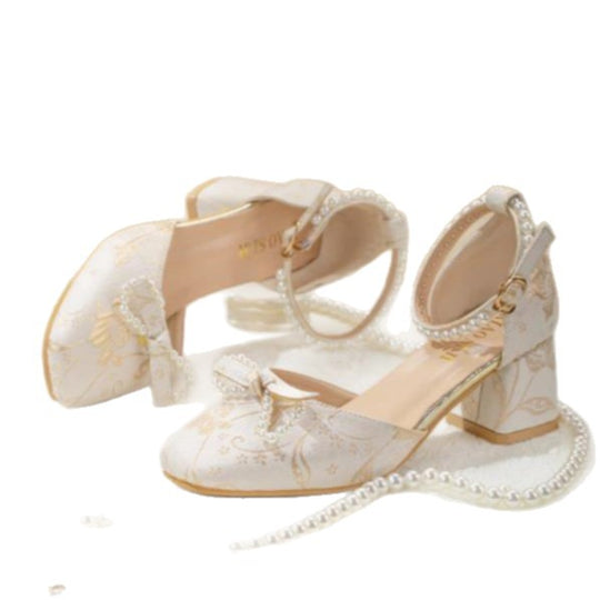 Damen elegante Pumps mit zierlichem Schleifenakzent und perlverziertem Riemen EB