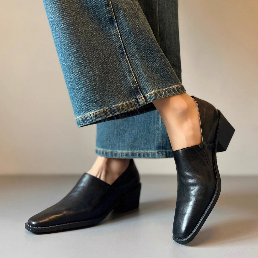 Damen elegante Loafer mit feinem Leder und komfortablem Blockabsatz EB