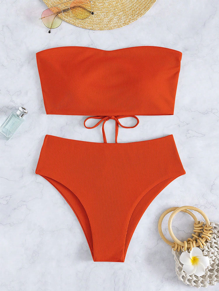 Damen Bandeau-Bikini mit hohem Bund und Rippdesign EB