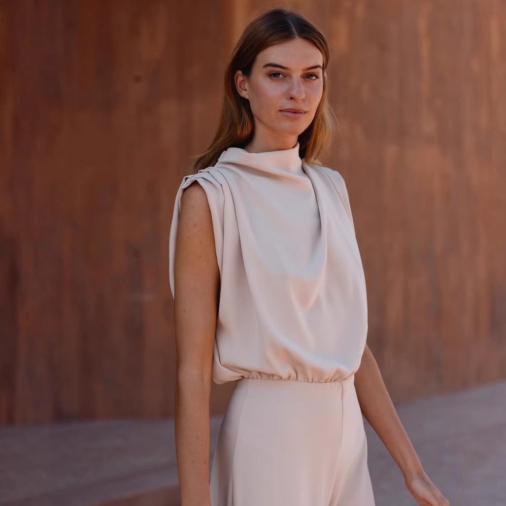 Damen Eleganter Jumpsuit mit hochgeschlossenem Kragen und weiten Beinen EB