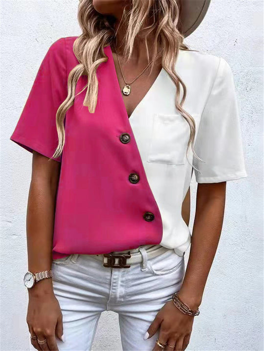 Damen Kurzarm Bluse mit asymmetrischem Schnitt und Knopfdetails EB