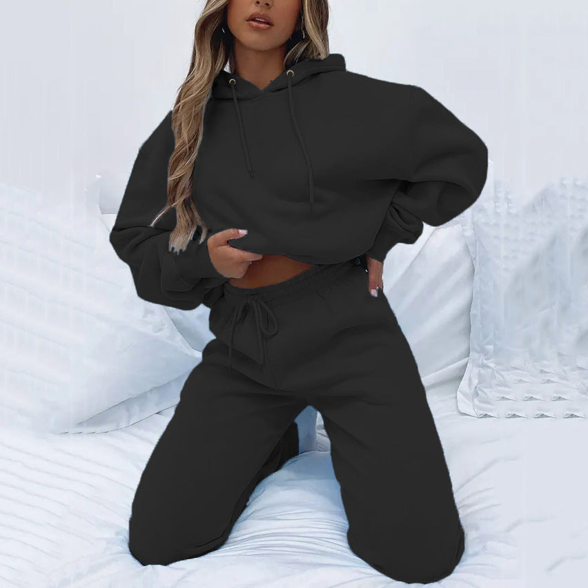 Damen nan Cropped Kapuzenjacke und High-Waist Jogginghose Set aus French Terry mit elastischem Bund EB