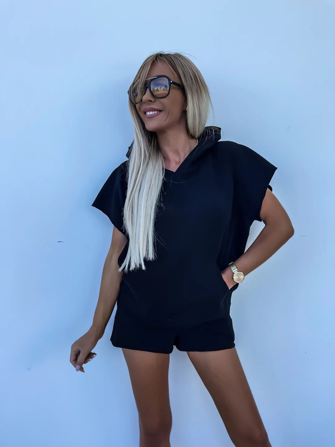 Damen lässiges Shorts- und Kurzarm-Hoodie Set aus atmungsaktivem Material EB
