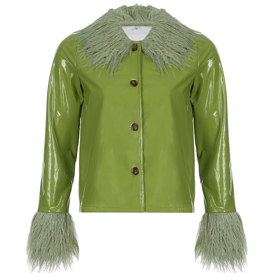 Damen modische Jacke mit luxuriösem Kunstpelzkragen und glänzender Oberfläche EB