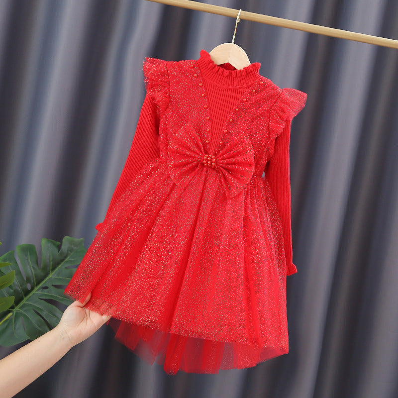 Mädchen Festliches Tüllkleid mit Pailletten und Schleifendetail EB