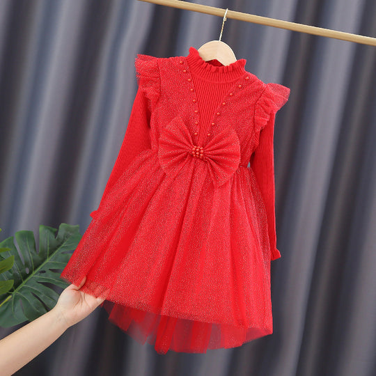 Mädchen Festliches Tüllkleid mit Pailletten und Schleifendetail EB