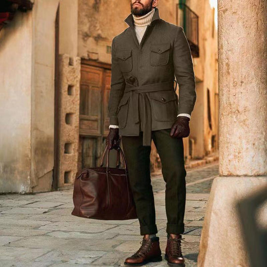 Herren multifunktionale Wool-Jacke mit Gürtel und Taschen EB