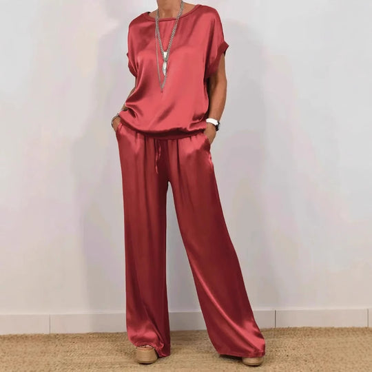 Damen Elegantes Satin Lounge-Set mit weitem Schnitt und lässigem Oberteil EB