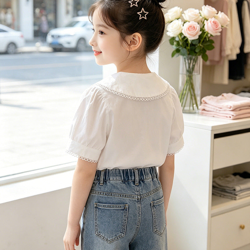 Mädchen Bluse mit elegantem Kragen und Spitzenverzierung EB