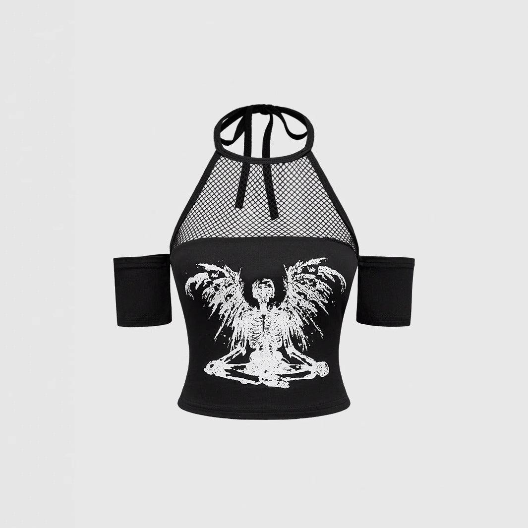 Damen Trendiges Crop-Top mit Netzdetails und originellem Grafiklitz EB