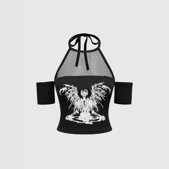 Damen Trendiges Crop-Top mit Netzdetails und originellem Grafiklitz EB