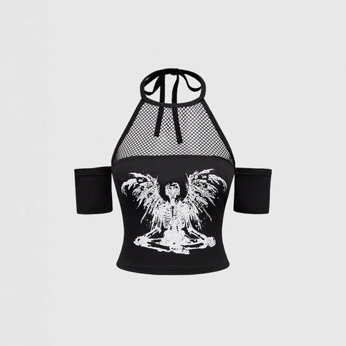 Damen Trendiges Crop-Top mit Netzdetails und originellem Grafiklitz EB