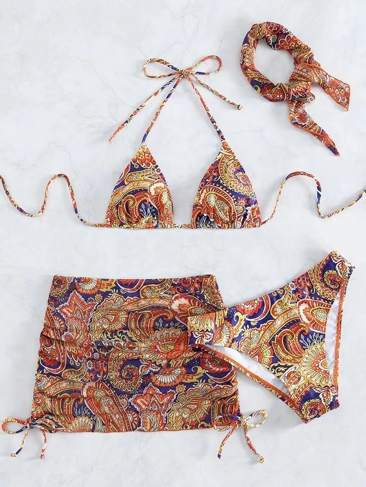 Damen Triangel-Bikini-Set mit elegantem Wickelrock und passendem Haarband EB