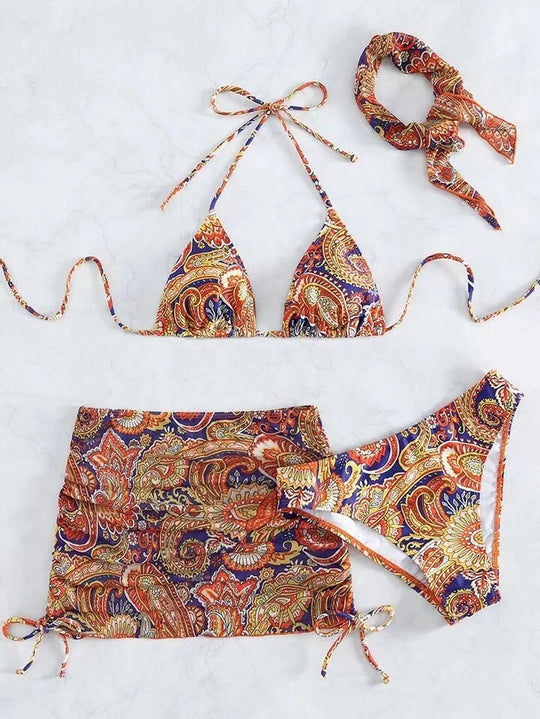 Damen Triangel-Bikini-Set mit elegantem Wickelrock und passendem Haarband EB