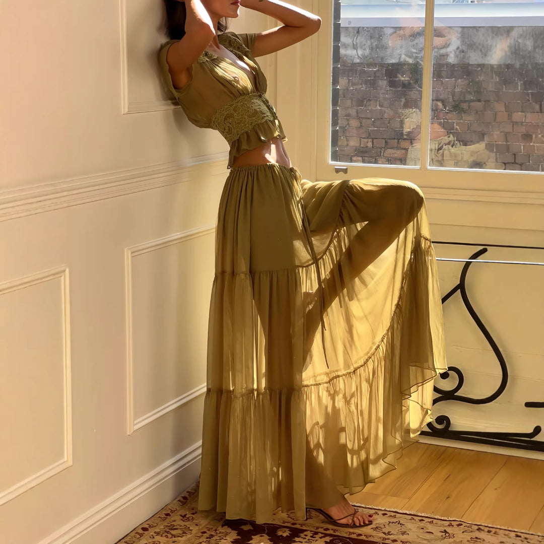 Damen Luftiges Maxikleid mit eleganten Rüschen und transparenter Optik EB