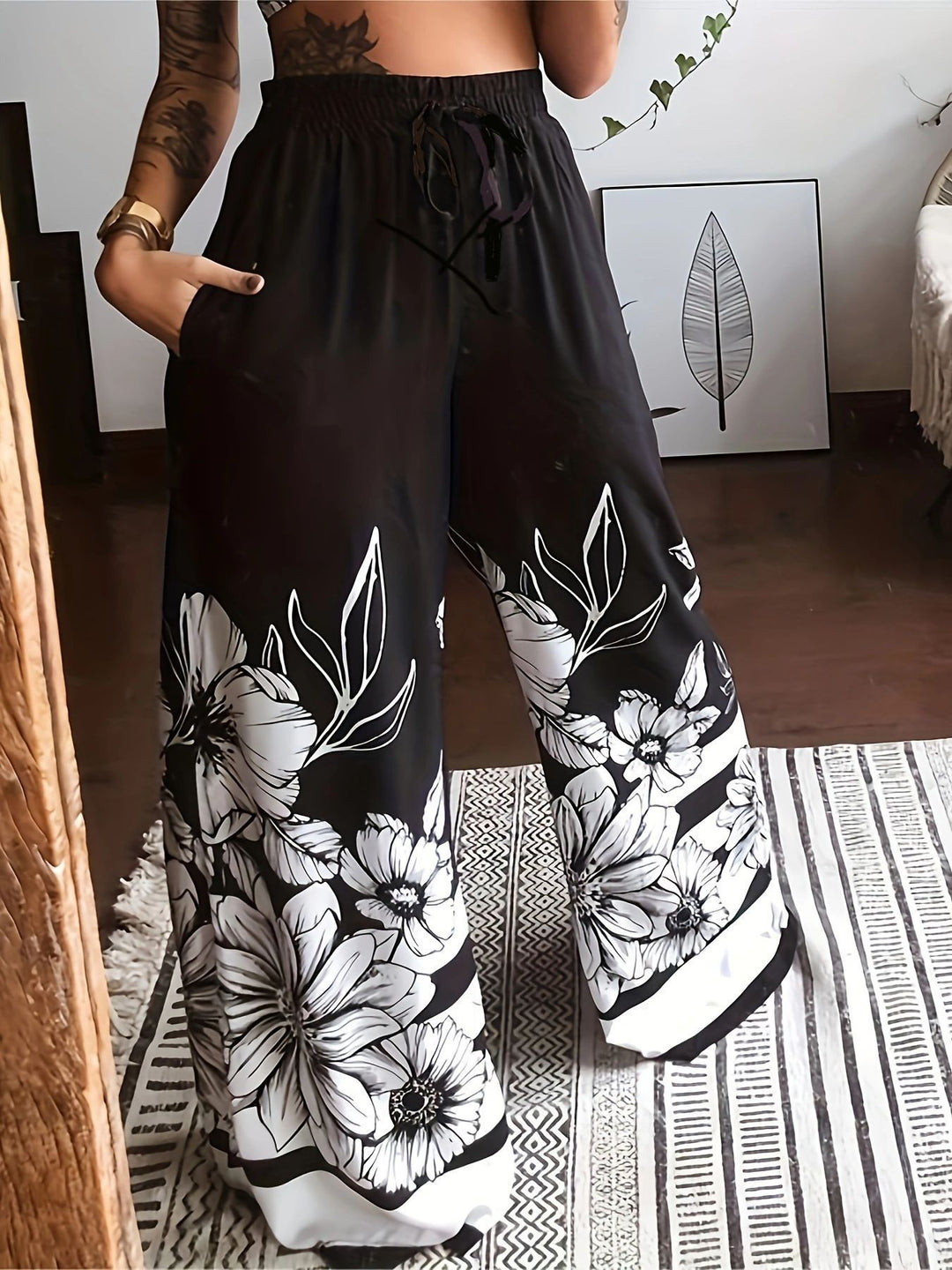 Damen Weite Palazzo-Hose mit buntem Schmetterlingsdruck und elastischem Bund EB