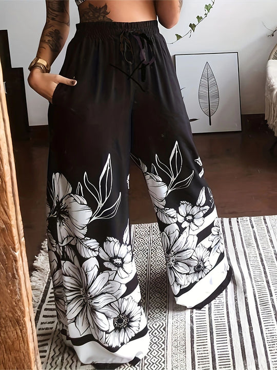 Damen Weite Palazzo-Hose mit buntem Schmetterlingsdruck und elastischem Bund EB