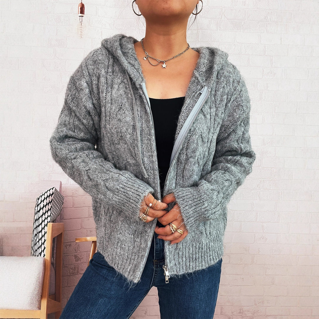 Damen kuschelige Grobstrickjacke mit Kapuze und Reißverschluss EB