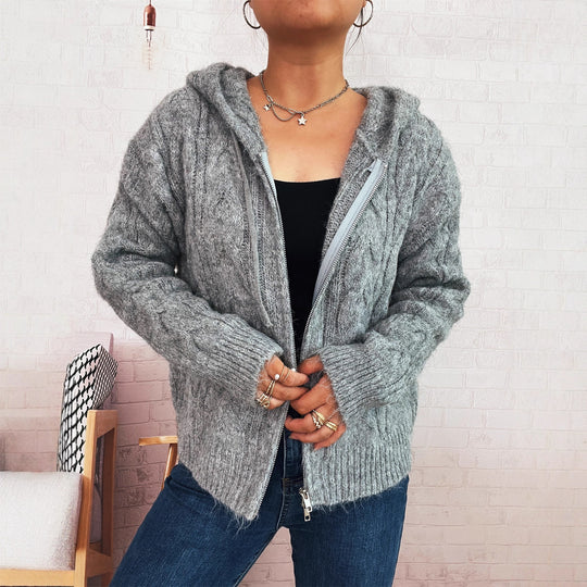 Damen kuschelige Grobstrickjacke mit Kapuze und Reißverschluss EB