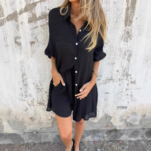 Damen legeres Baumwoll-Shorts-Set mit oversized Hemd und elastischem Bund EB