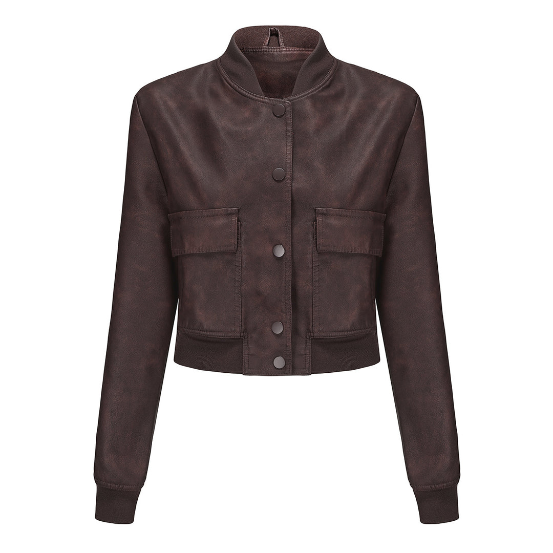 Damen Kunstleder Bomberjacke mit praktischen Taschen und elastischen Bündchen EB