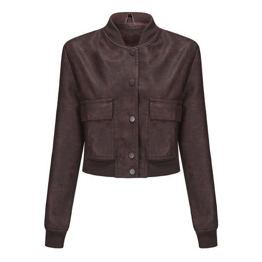 Damen Kunstleder Bomberjacke mit praktischen Taschen und elastischen Bündchen EB