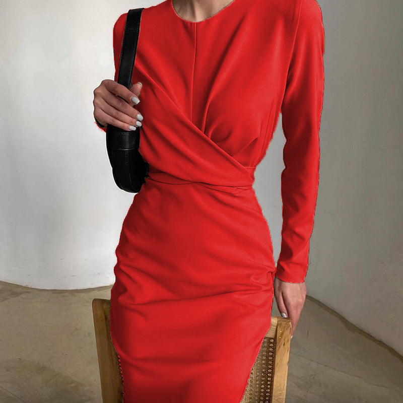 Damen Elegantes Wickelkleid mit langem Arm und fließendem Schnitt EB
