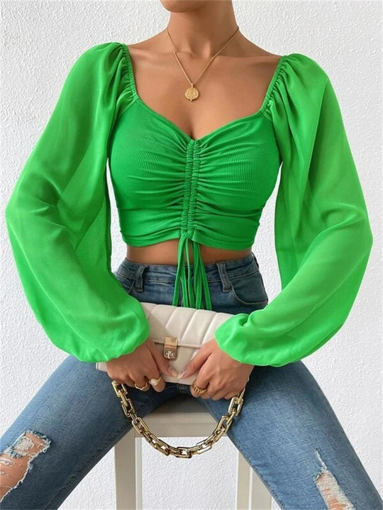 Damen Crop-Top mit strukturiertem Körper und eleganten Puffärmeln EB