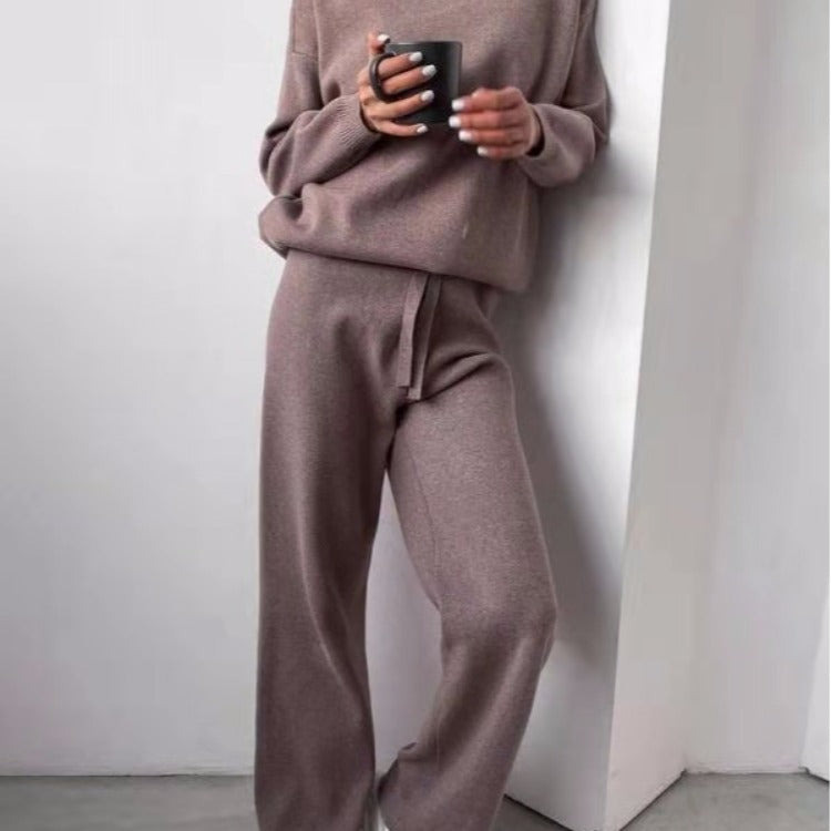 Damen kuscheliges Strick-Loungewear-Set mit weiten Hosen und elegantem Rundhalsausschnitt EB