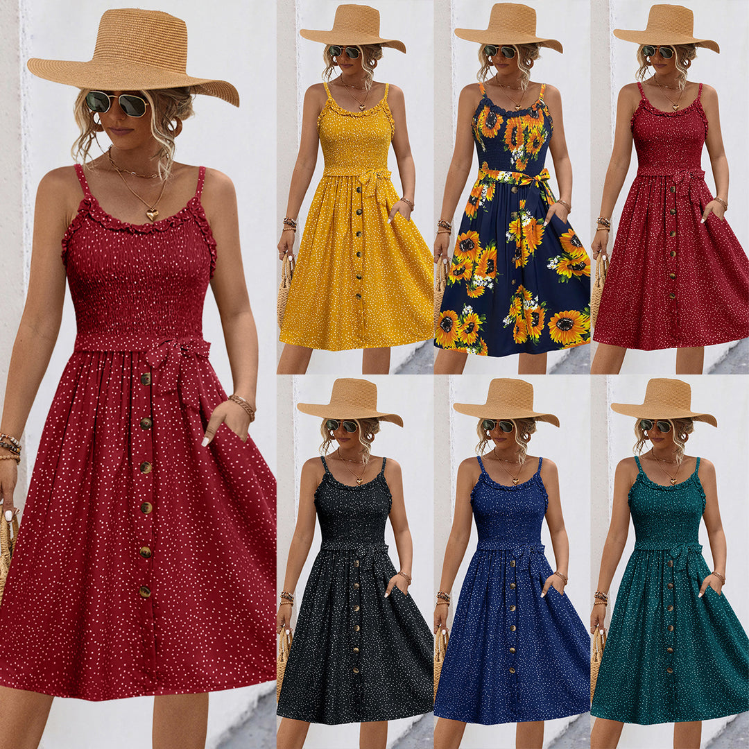 Damen Midi-Kleid mit schwingendem Rock und Rüschendetails EB