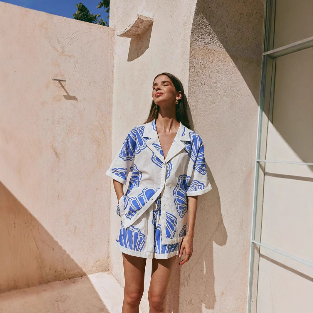 Damen Sommerliches Kurzarm-Set mit maritimem Muschel-Design und lockerer Passform EB